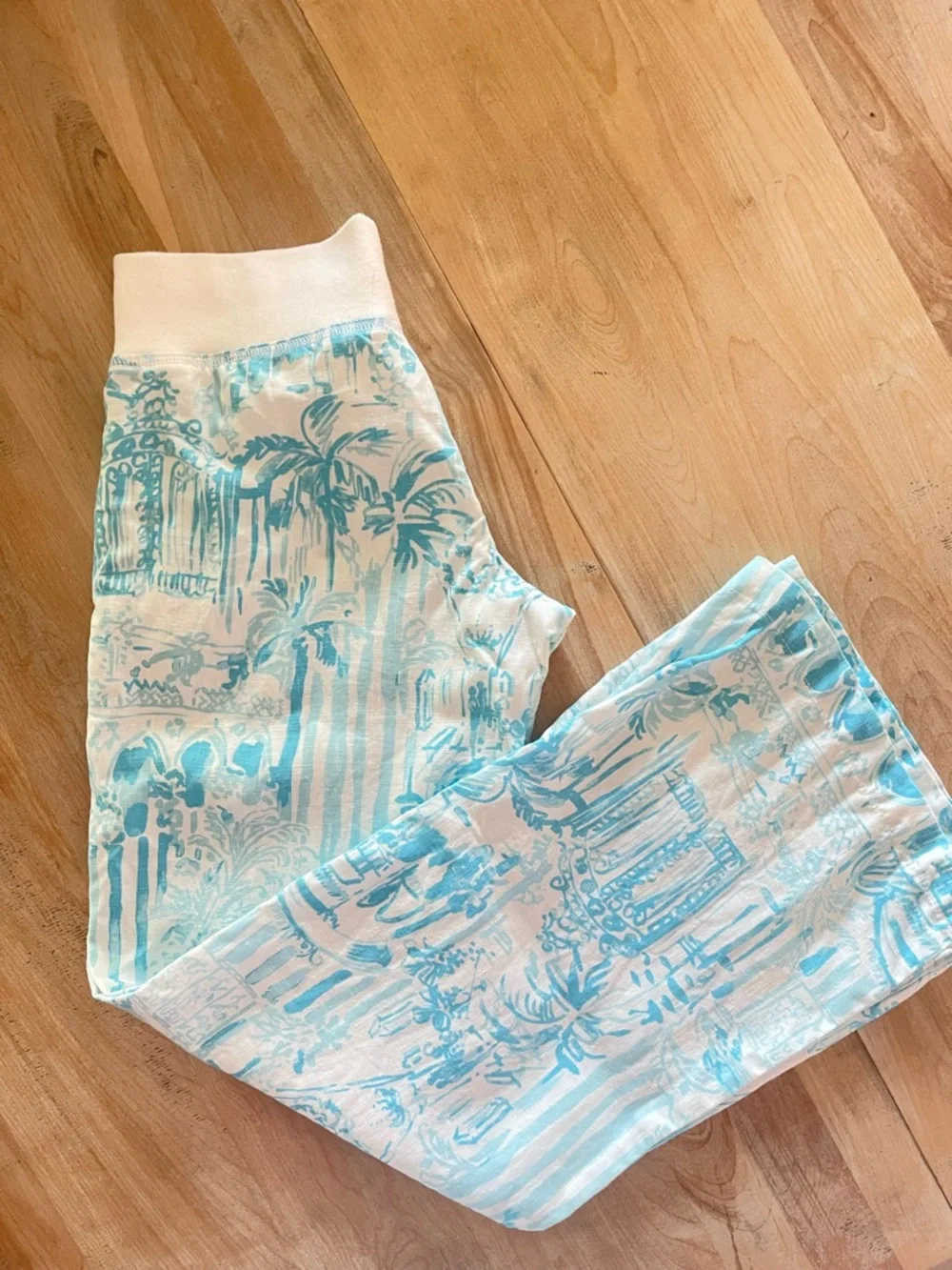 Lilly Pulitzer Beach Pants Small 33” Inseam Blue White palm Print Linen Sz Small - Picture 8 of 14